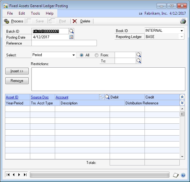 Screenshots shows the Fixed Assets General Ledger Posting window.