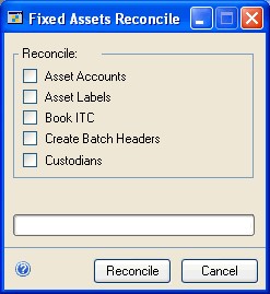 Screenshot shows the Fixed Assets Reconcile window.
