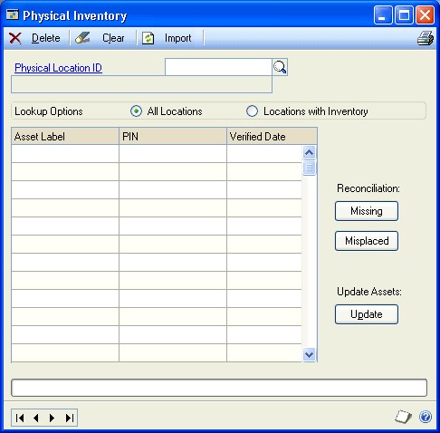 Screenshot shows the Physical Inventory window.