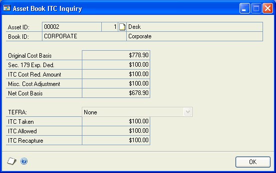 Screenshot shows the Asset Book ITC Inquiry window.