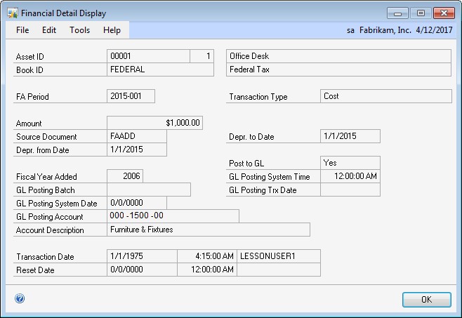 Screenshots shows the Financial Detail Display window.