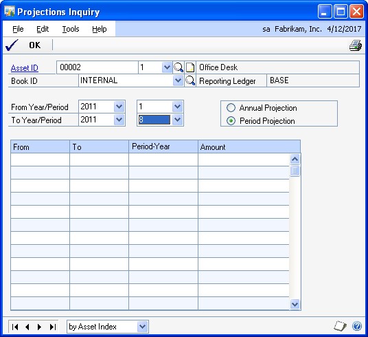 Screenshot shows the Projections Inquiry window.