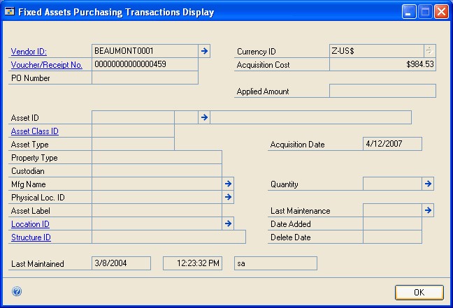 Screenshot shows the Fixed Assets Purchasing Transactions Inquiry window.