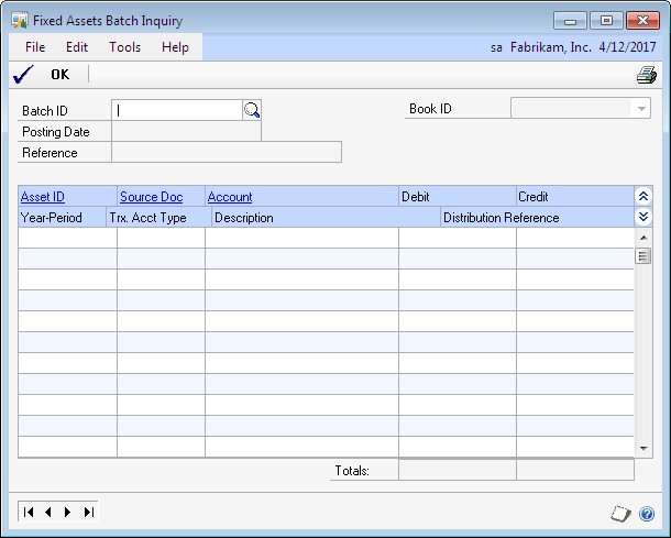 Screenshot shows the Fixed Assets Batch Inquiry window.