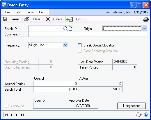 Screenshot that shows the Batch Entry window.
