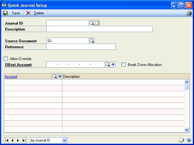 Screenshot that shows the Quick Journal Setup window.
