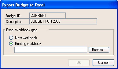 Screenshot that shows the Export Budget to Excel window.