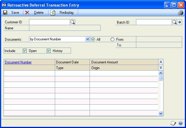 Screenshot that shows the Retroactive Deferral Transaction Entry window.