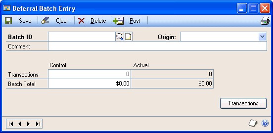 Screenshot that shows the Deferral Batch Entry window.