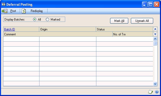 Screenshot that shows the Deferral Posting window.