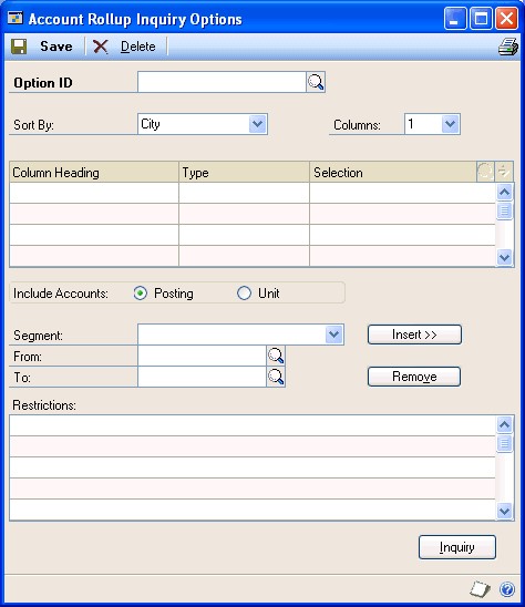 Screenshot that shows the Account Rollup Inquiry Options window.