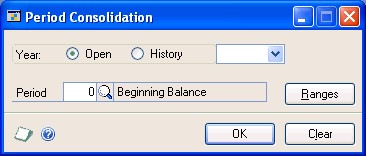 Screenshot that shows the Period Consolidation window.