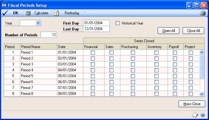 Screenshot that shows the Fiscal Periods Setup window.