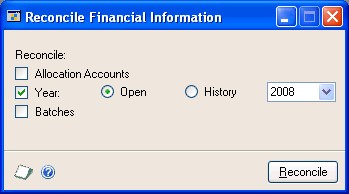 Screenshot that shows the Reconcile Financial Information window.