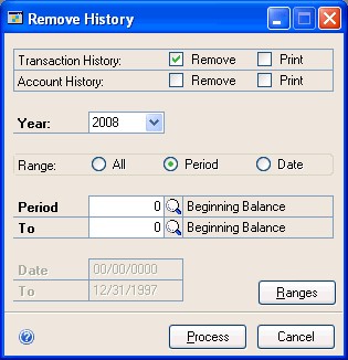 Screenshot that shows the Remove History window.