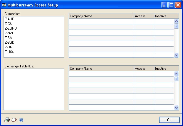 Screenshot that shows the  Multicurrency Access Setup window.