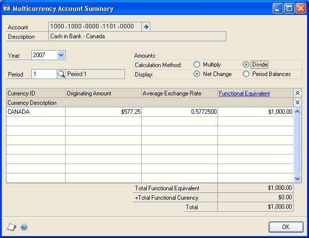 Screenshot that shows the Multicurrency Account Summary window.