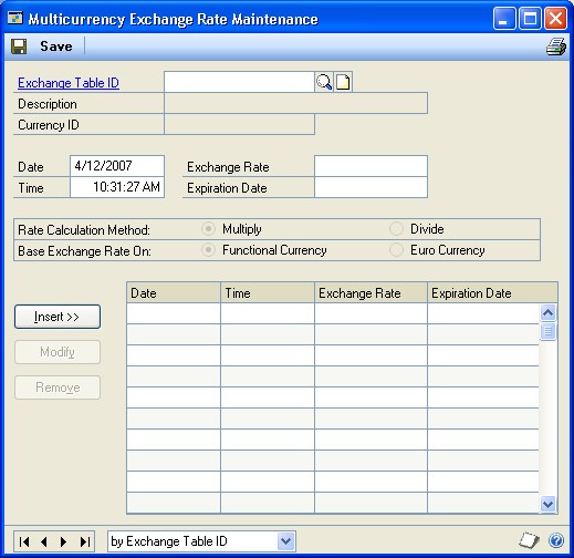 Screenshot that shows the Multicurrency Exchange Rate Maintenance window.