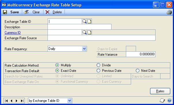 Screenshot that shows the Multicurrency Exchange Rate Table Setup window.