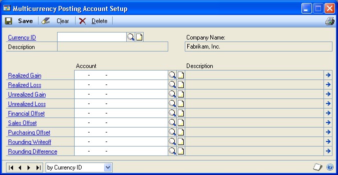 Screenshot that shows the Multicurrency Posting Account Setup window.