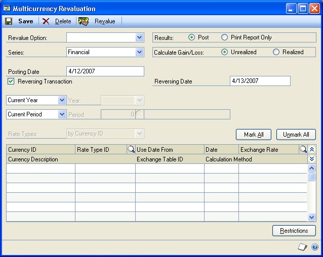 Screenshot that shows the Multicurrency Revaluation window.