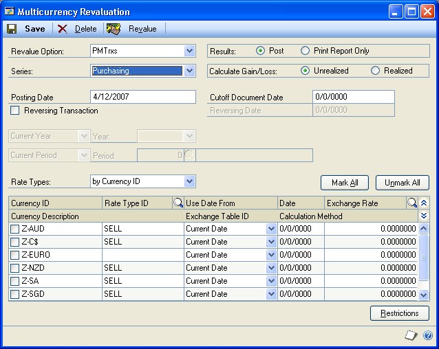 Screenshot of the Multicurrency Revaluation window.