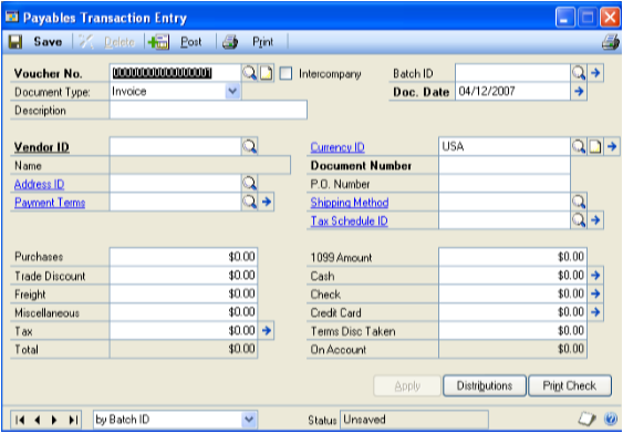 Screenshot of the Payables Transaction Entry window.