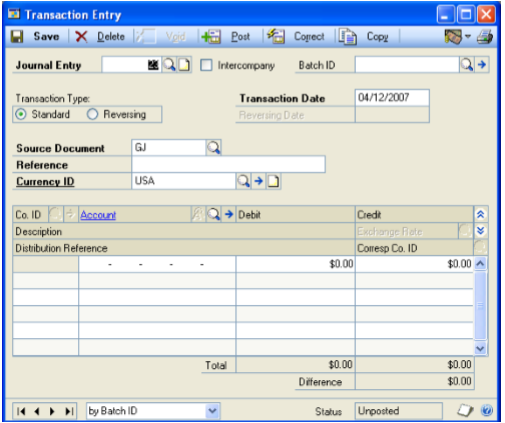 Screenshot of the Transaction Entry window.