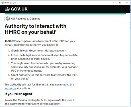 HMRC Log in window 1