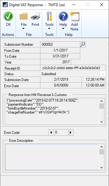 VAT Response window.