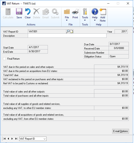 VAT Return window with Calculate button