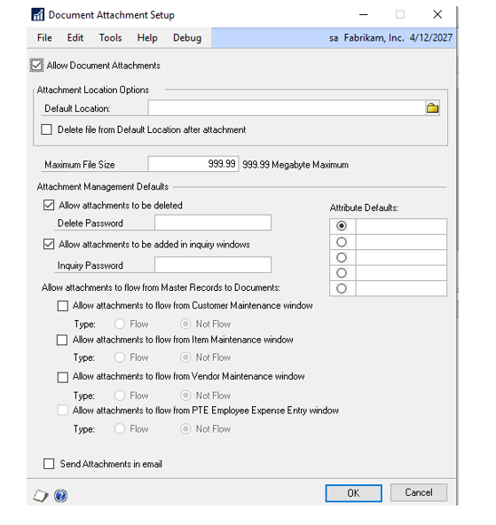 Screenshot of the Document Attachment Setup window showing the Allow Document Attachments box has been selected.