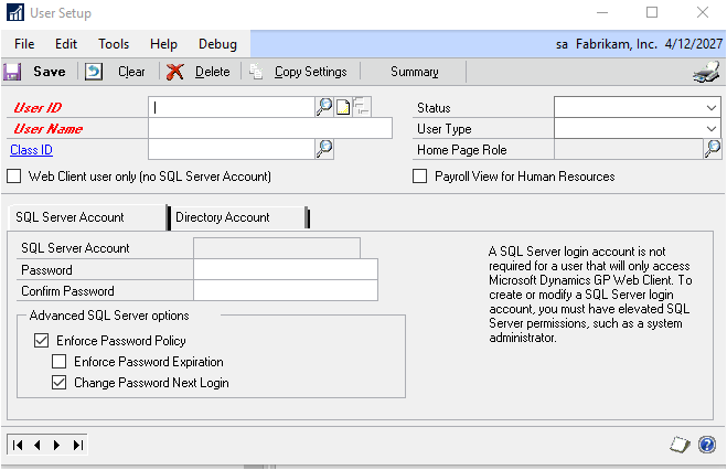 Screenshot of the User Setup window before entries have been made. The User ID and User Name are highlighted in red.
