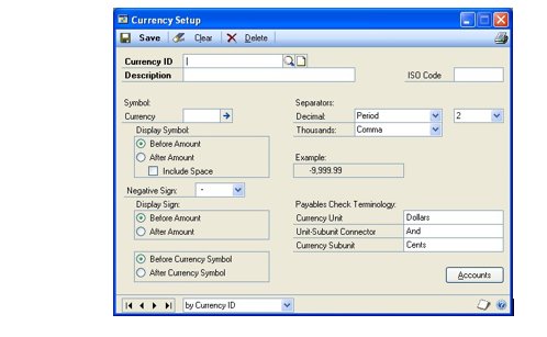 Screenshot of the Currency Setup window showing the Currency Units have been set to Dollars and Cents.