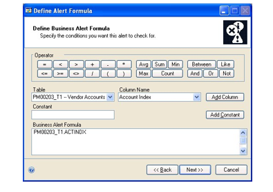 Screenshot of the Define Alert Formula window showing a Vendor Accounts Table is selected and a Business Alert Formula has been entered.