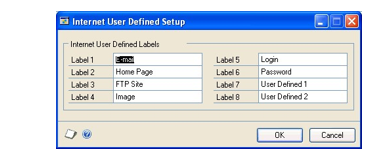 Screenshot of the Internet User Defined Setup window showing Label field entries have been made.