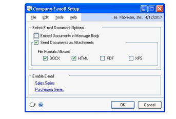Screenshot of the Company E-mail Setup window showing the boxes for Send Documents as Attachments, DOCX, and HTML have been checked.