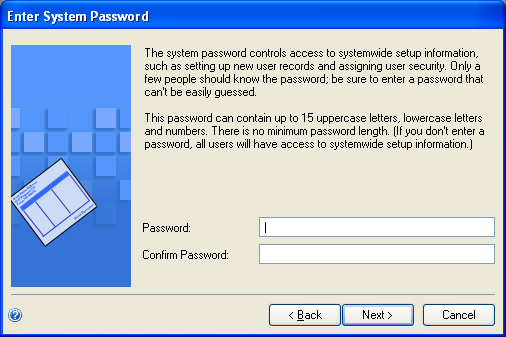 screen to specify system password