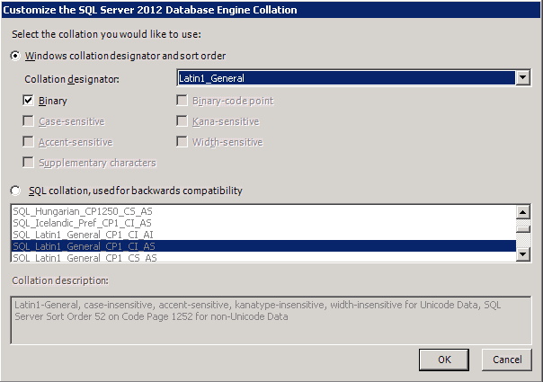 screenshot of configuration of sql server database collation window with windows collation selected