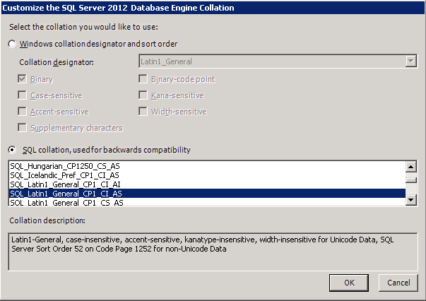 screenshot of configuration of sql server database collation window with sql collation selected