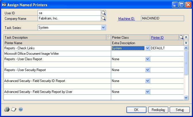 Screenshot of the Assign Named Printers window showing example data.