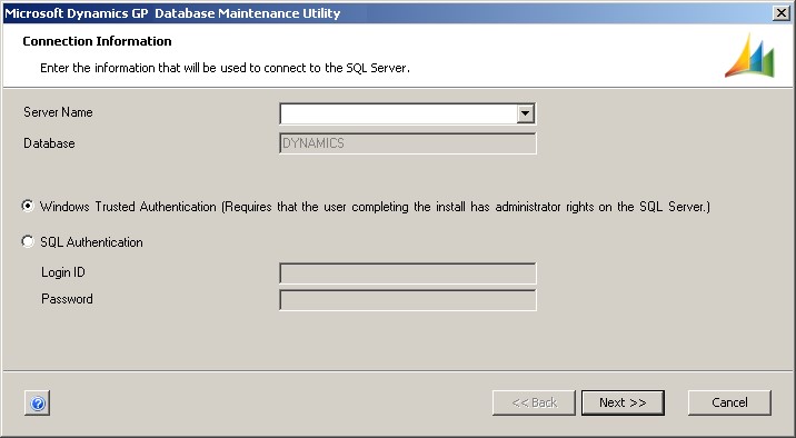 Screenshot of the Microsoft Dynamics GP Database Maintenance Utility window.