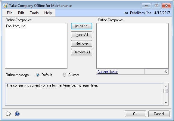 Screenshot of the Take Company Offline for Maintenance window.