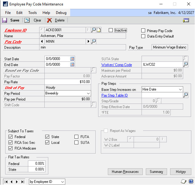 Screenshot of the Employee Pay Code Maintenance window, showing the Pay Rate set to ten dollars and the Unit of Pay set to Hourly.