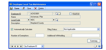 Screenshot of the Employee Local Tax Maintenance window.