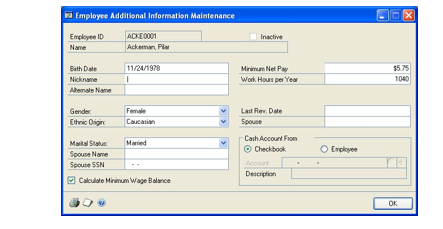 Screenshot of the employee additional information maintenance window.