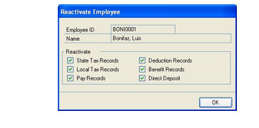 Screenshot showing the Reactivate Employee dialog showing employee information and records to reactivate.