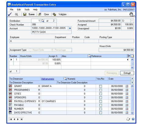 Screenshot of the Analytical Payroll Transaction Entry window.