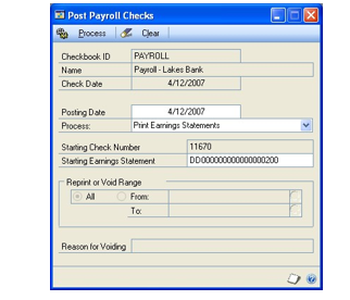 Screenshot of the Post Payroll Checks window. The Print Earnings Statements process is selected.