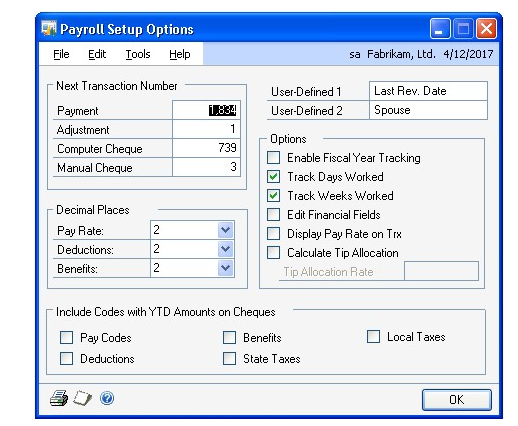 Screenshot of the Payroll Setup Options window.